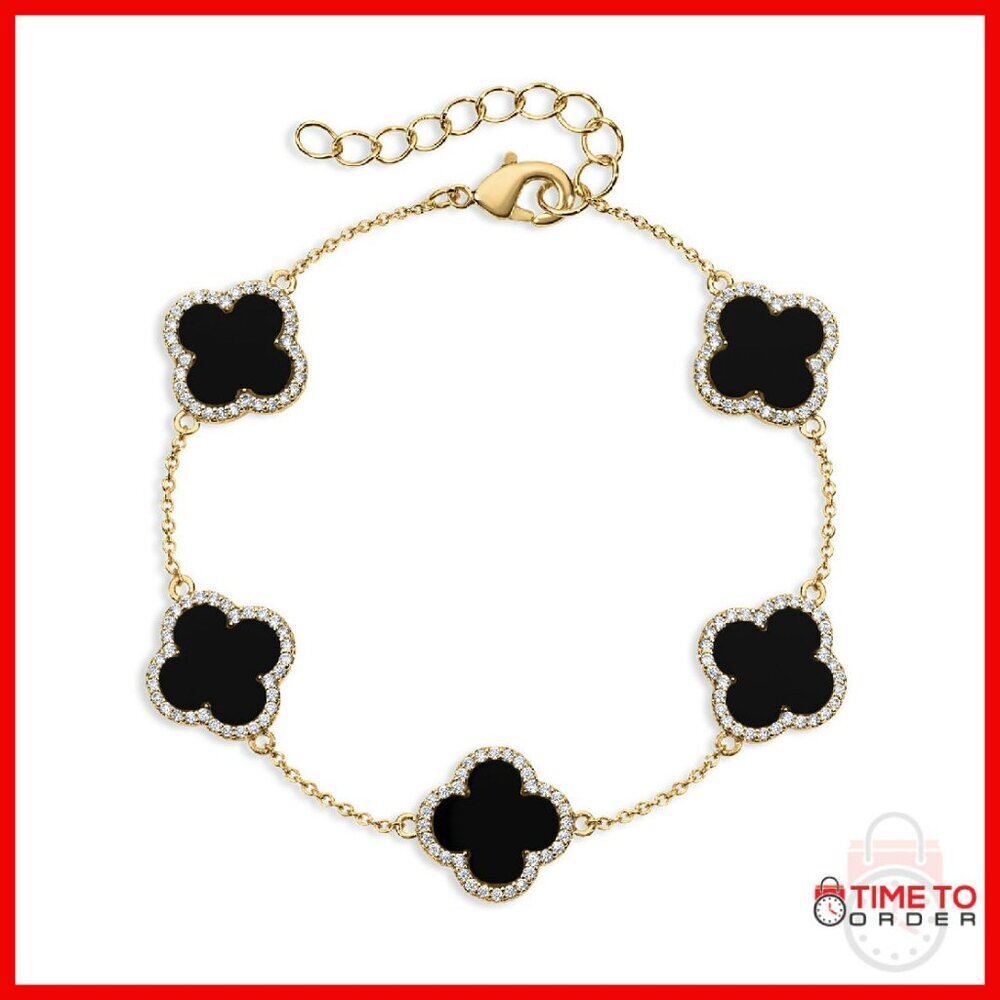 Gold Clover Charm Bracelet, 6.25 Inch Bead Chain, Brass Pave Setting